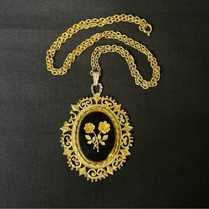 Vintage Intaglio Gold on Black Pendant & Chain
